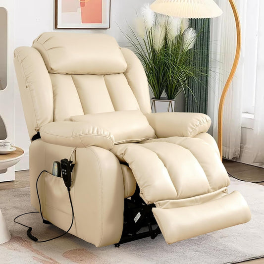 Large Reclining Lift Chair, Dual Motor Massage Chair, Genuine Leather Recliner with Heating and Massage for Seniors, with Double Lumbar Cushion and Extended Footrest, USB Port(Beige)-0