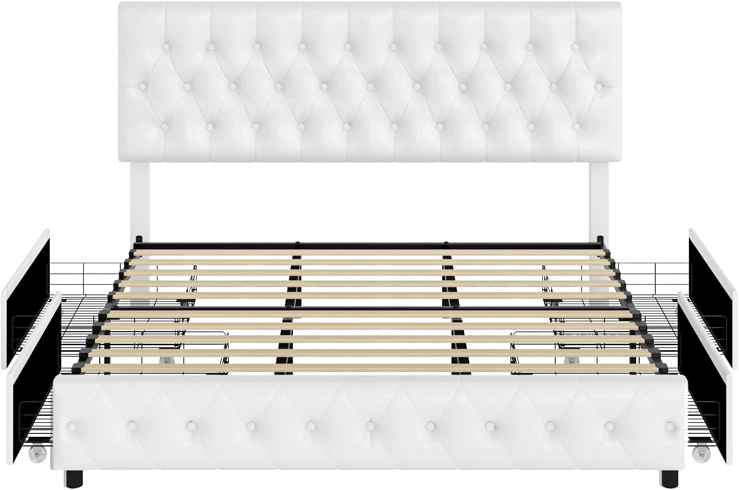 White Queen Bed Frame with Button Tufted Headboard-1