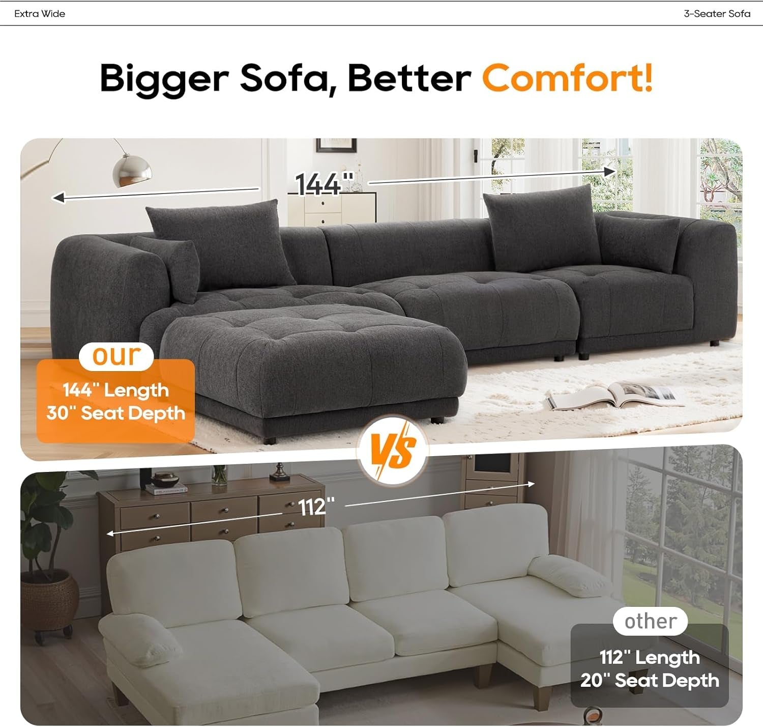 144" Cloud Sectional Couch with Ottoman,Modular Sectional Sofa with 3 Large Seat and 1 Ottoman for Living Room, Chenille, Gray-2