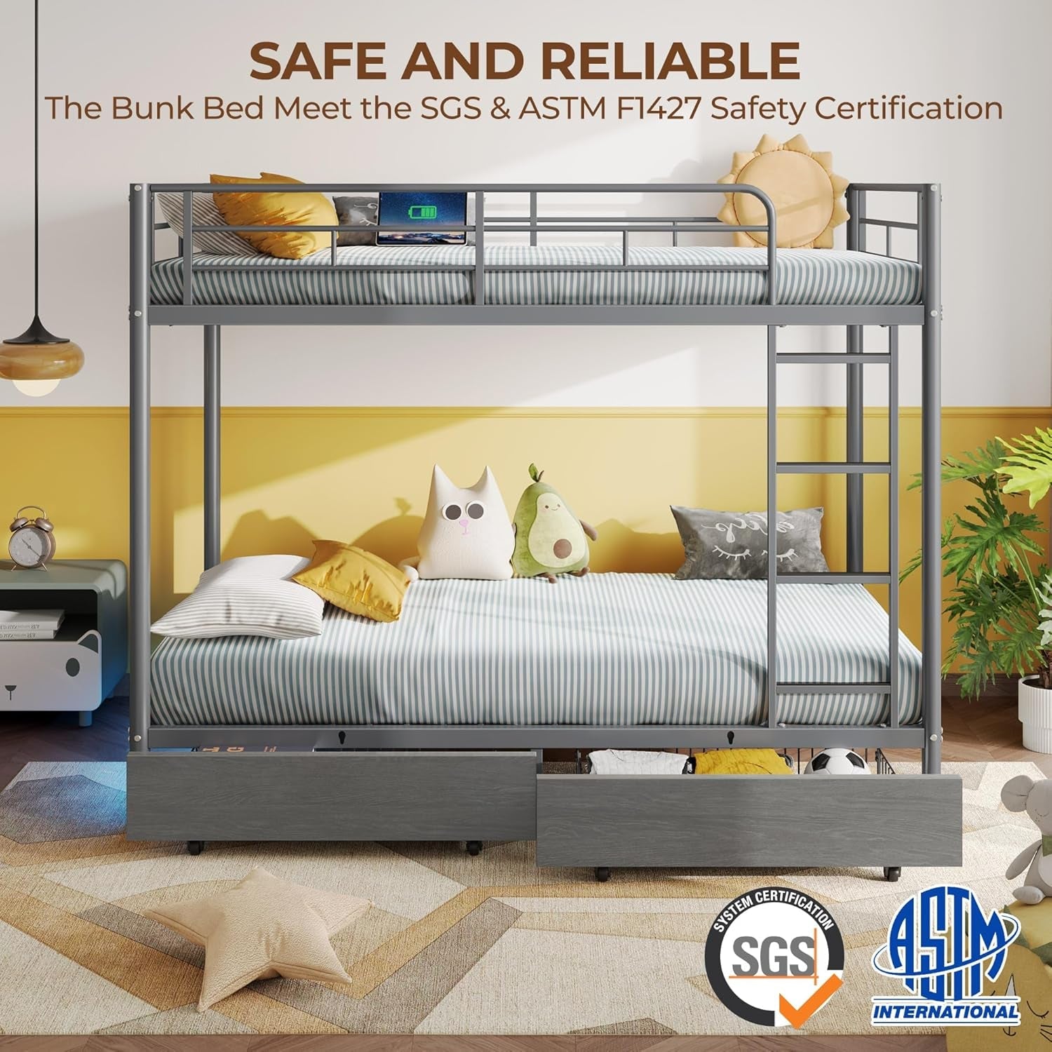 Metal Bunk Bed Twin over Twin with USB Charging Station, LED Bunk Bed with 2 Storage Drawers, Bed with Safety Guardrail & Ladders, No Box Spring Needed, Easy Assembly, Grey-4