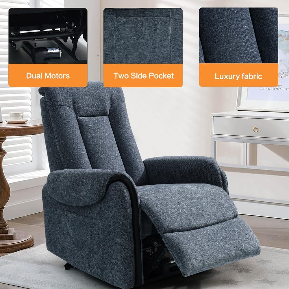 Power Recliner Chair with Airbag Massage Electric Recliner for Living Room, Adjustable Headrest Reclining Chair Single Sofa for Adult, Blue Fabric-4