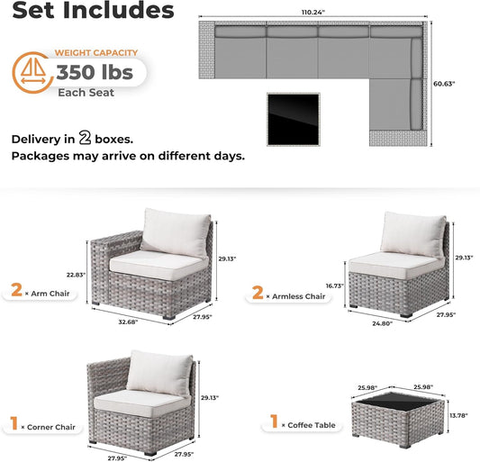 6 Pieces Patio Furniture Set Outdoor Sectional Sofa Couch with Comfy Cushions and Deep Seat, Modern Modular Wicker Rattan Conversation Set, Beige-1