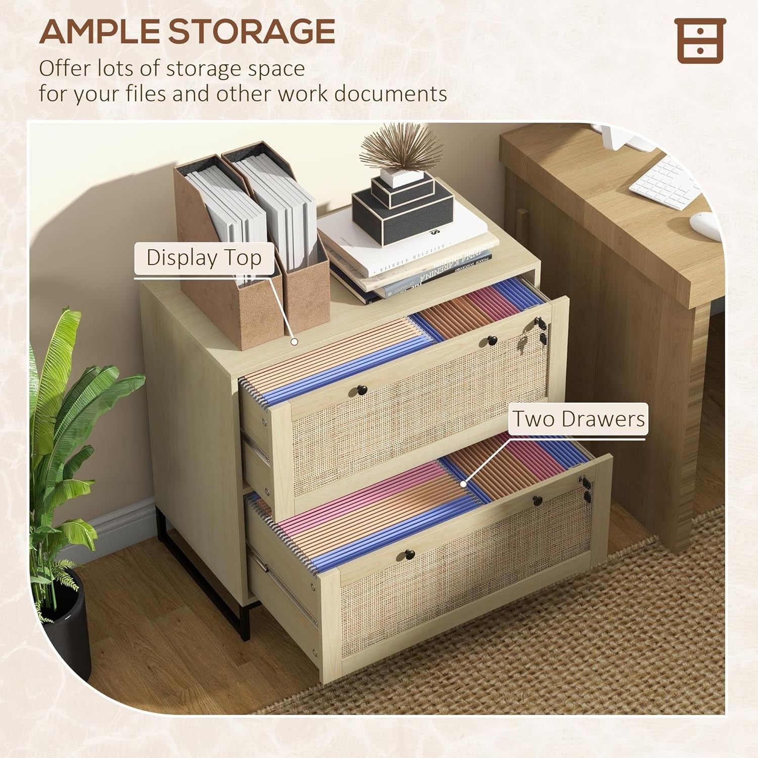 2 Rattan Drawer File Cabinet with Lock, Lateral Filing Cabinet with Adjustable Hanging Bar for Letter, A4 and Legal Size Files, Printer Stand for Home Office, Natural-3