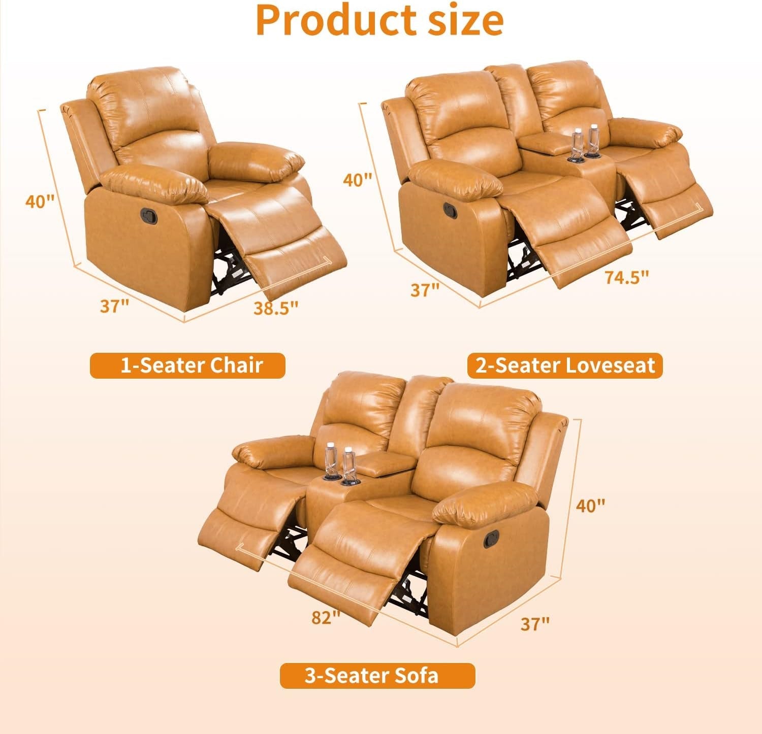Manual Leather Recliner Sofa Set for Living Room Furniture Set,Leather Recliner Couch Set for Home/Office,Leather Couch Set for 3-Pieces(Sofa+Loveseat+Chair) Ginger, Sofa+Lovsesat+Chair-1