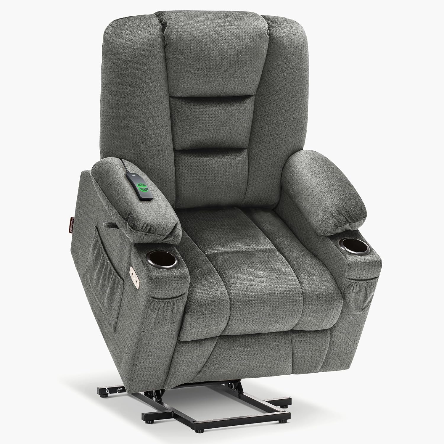 Power Lift Recliner Chair with Massage and Heat for Elderly People, Cup Holders, USB Ports, Side Pockets, Fabric 7529 (Medium, Grey)-0