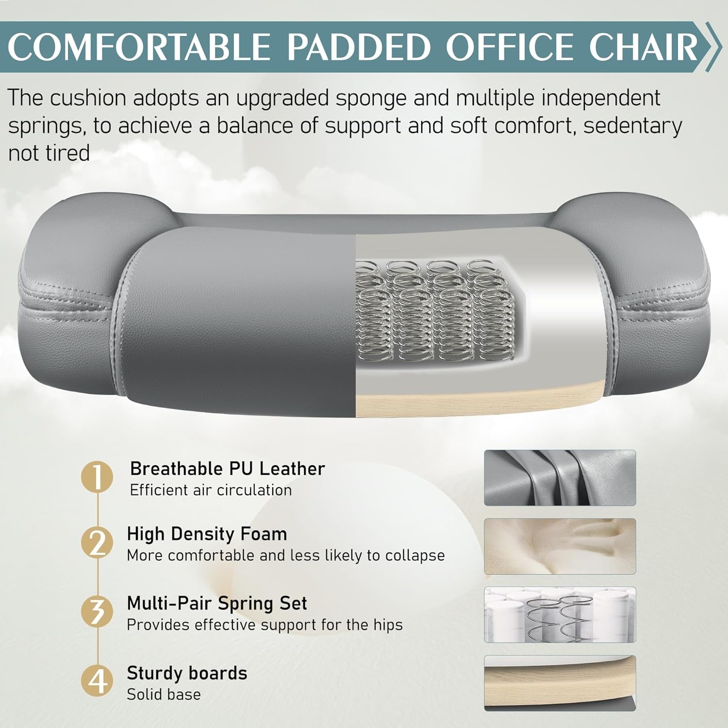 Leather Office Chair, PU Home Computer Desk Chairs with Ergonomic Back Support, 360°Swivel Free，Small Gmaing Chair with Wheels and Adjustable Armrests, for Short People Use, Gray-4