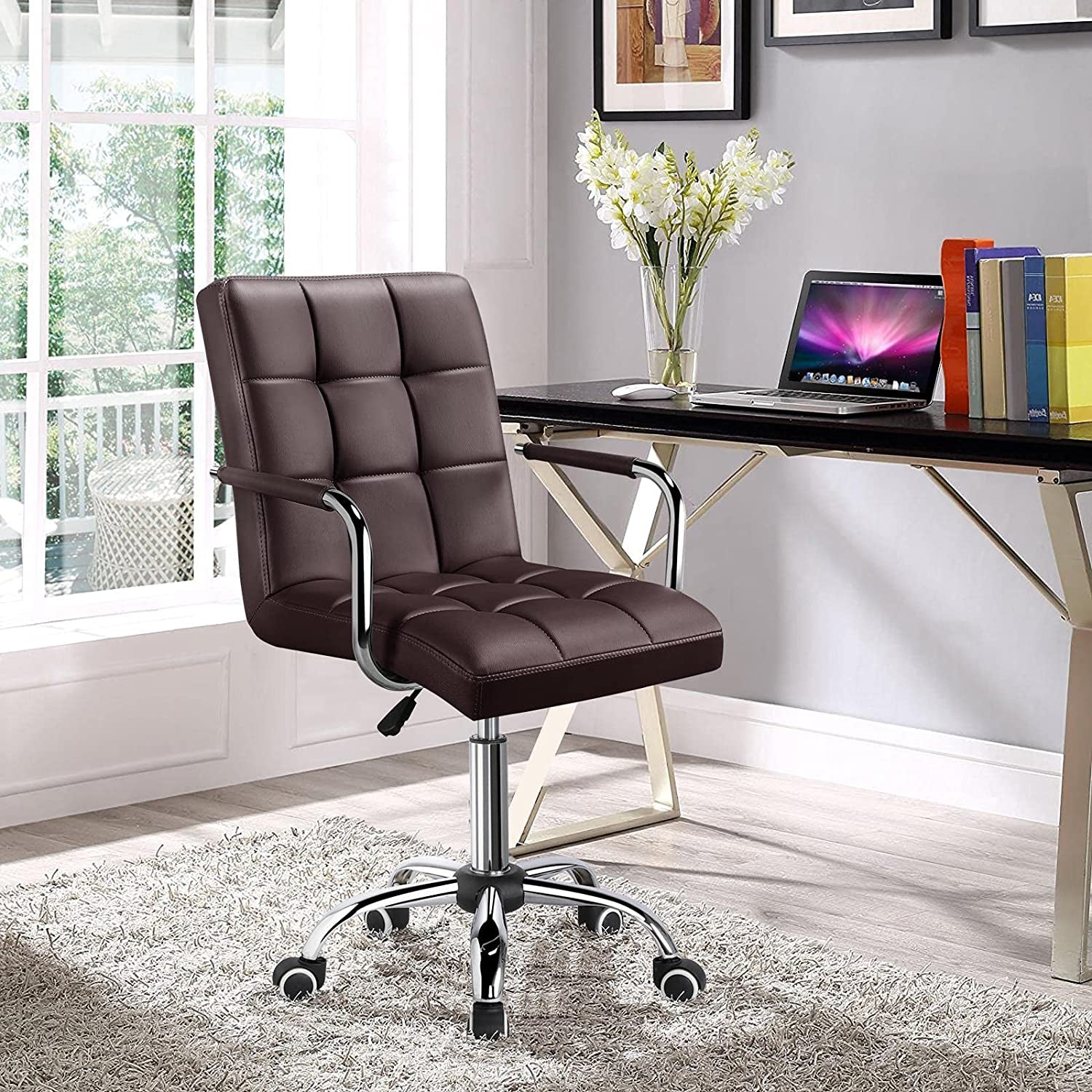 Modern Brown Leather Office Chair with Casters-0