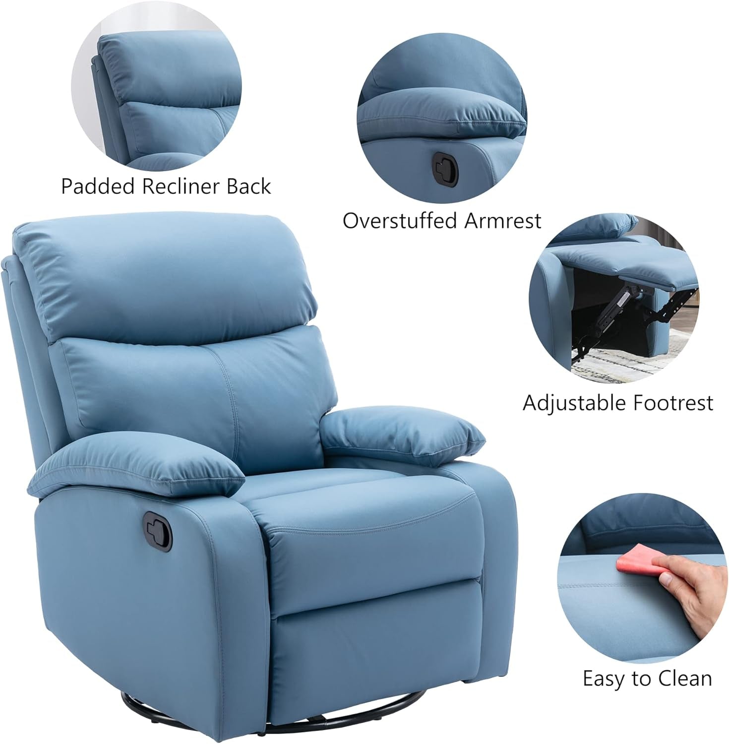 Rocker Swivel Recliner Chair, Rocking Recliner Chair Made of Microfiber Technical Cloth, Manual Small Recliners for Small Spaces Reclining for Living Room, Blue-4