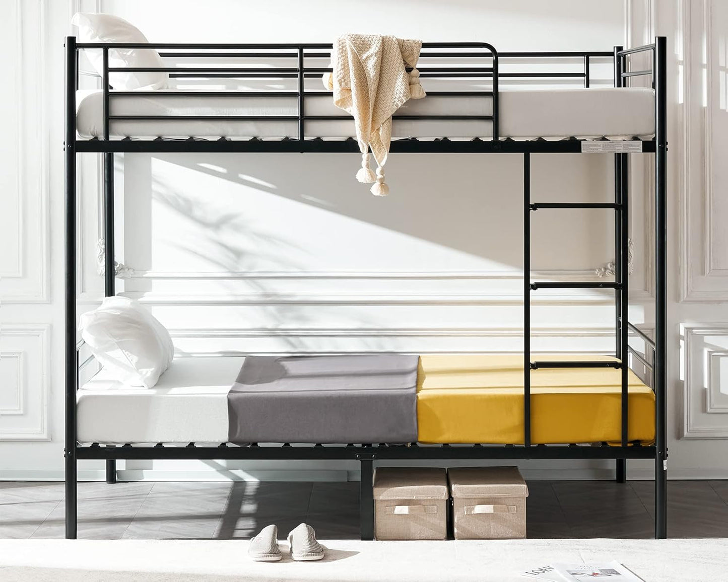 Bunk Bed Twin over Twin for Kids, Teens & Adults Bunk Bed with Stairs & Flat Rungs, Heavy Duty Metal Slats, No Box Spring Needed, Black-2