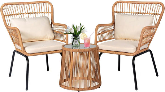 3 Pieces Outdoor Wicker Bistro Patio Furniture Set, Porch Furniture Rattan Conversation Sets with Side Table and Cushions for Garden Poolside Backyard, Yellow/Beige-0