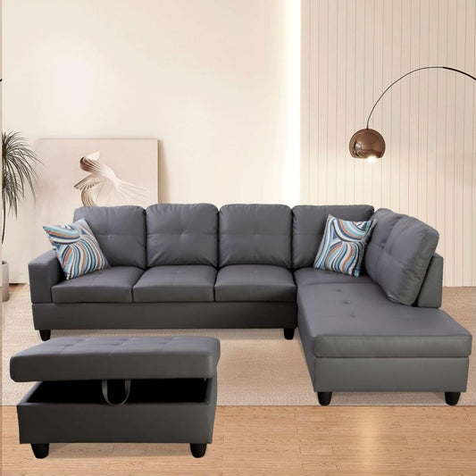 L-Shaped 3-Piece Semi PU Synthetic Leather Sofa with Storage Ottoman Set, Sectional Couch Sofa Set for Living Room, Office, Small Space, Dark Grey-0