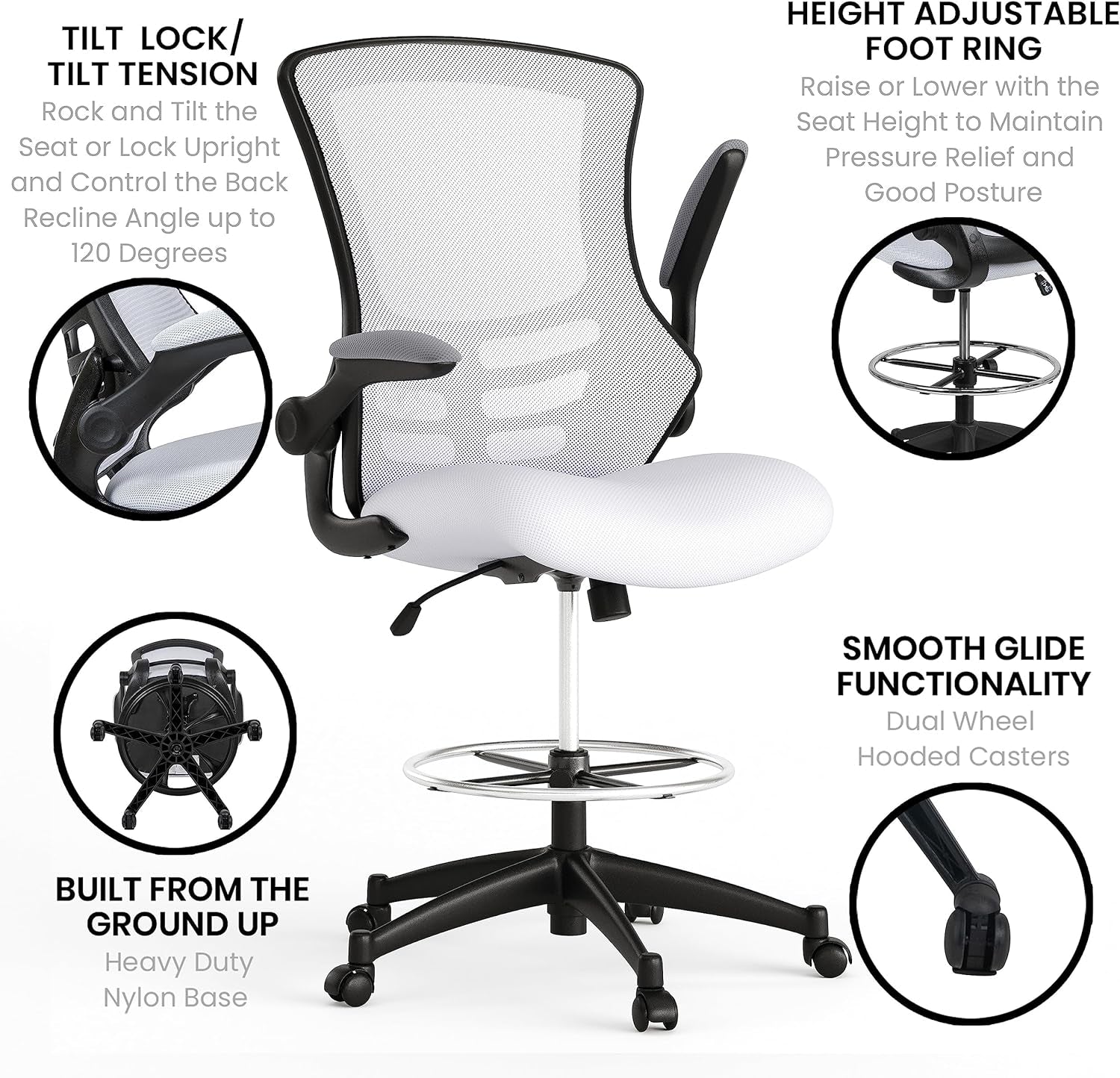 Kelista Mid-Back White Mesh Ergonomic Drafting Chair | Adjustable Foot Ring, Flip-Up Arms | Comfort and Productivity-4