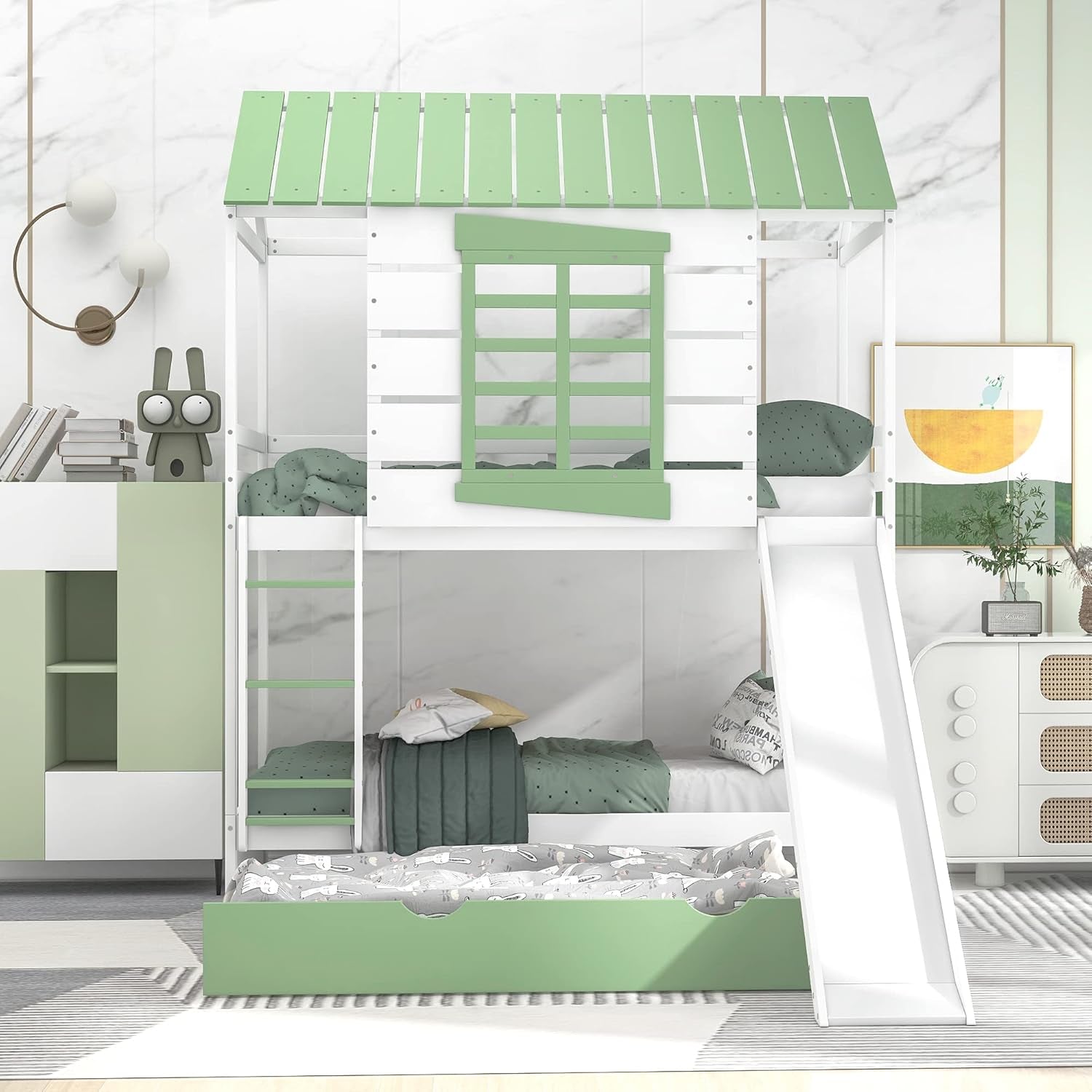 House Bunk Bed with Convertible Slide and Trundle, Solid Wood Bunk Bed Twin over Twin, for Kids Girls Boys (White+Green)-3