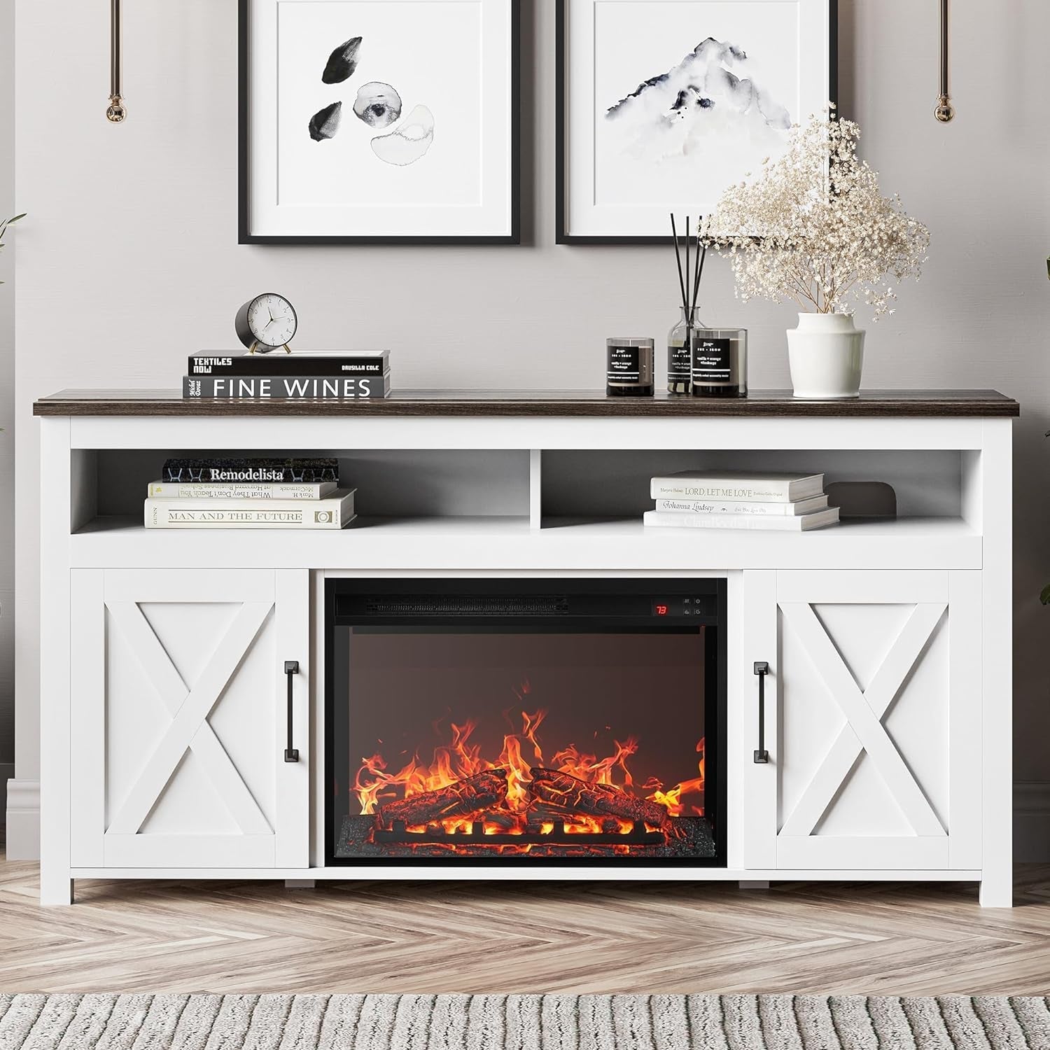 58" White Farmhouse Fireplace TV Stand for 65" TV-0