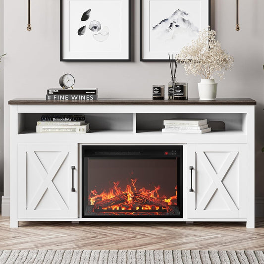 58" White Farmhouse Fireplace TV Stand for 65" TV-0