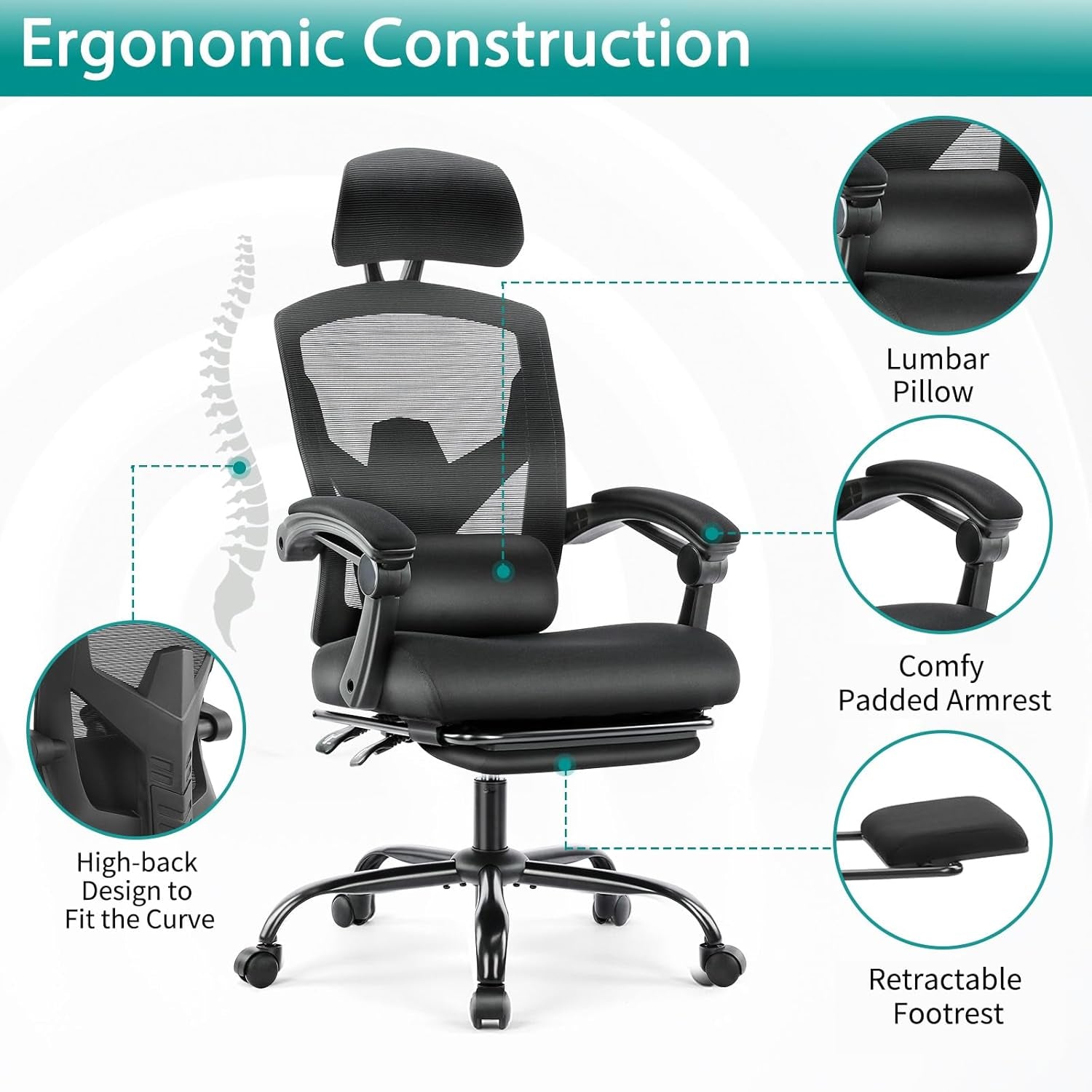 Home Office Desk Chair with Footrest, High-Back Mesh Rolling Swivel Reclining Chairs with Wheels, Comfortable Headrest, Lumbar Support, Comfy Arms for Home, Office, Gaming, Student, Black-3