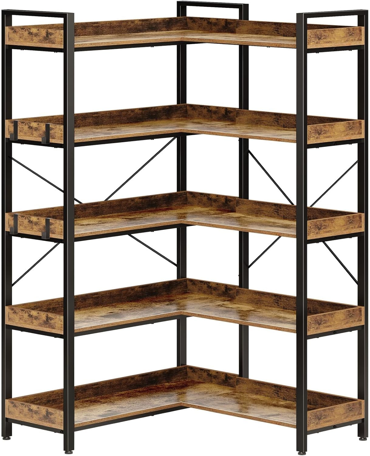 5 Tier Corner Bookshelf with Hooks Rustic Industrial-1