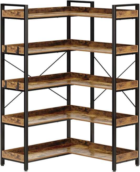 5 Tier Corner Bookshelf with Hooks Rustic Industrial-1