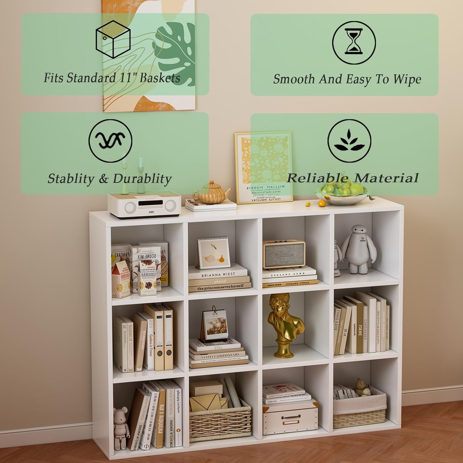 12-Cube Storage Shelf Bookcase - Wooden 3-Tier Floor Standing Open Bookshelf for Home and Office, Display Cabinet, Warm White-3