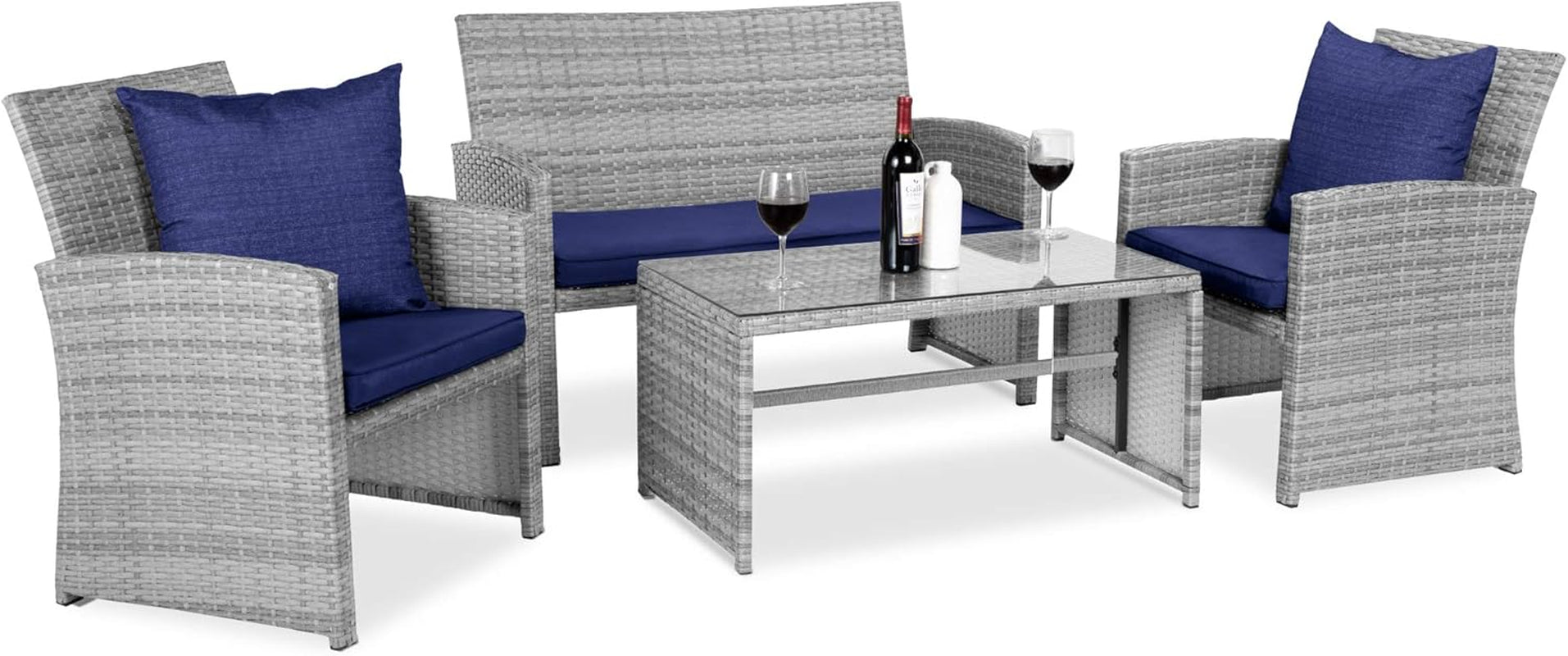 4-Piece Outdoor Wicker Patio Conversation Furniture Set for Backyard W/Coffee Table, Seat Cushions - Gray/Navy-0