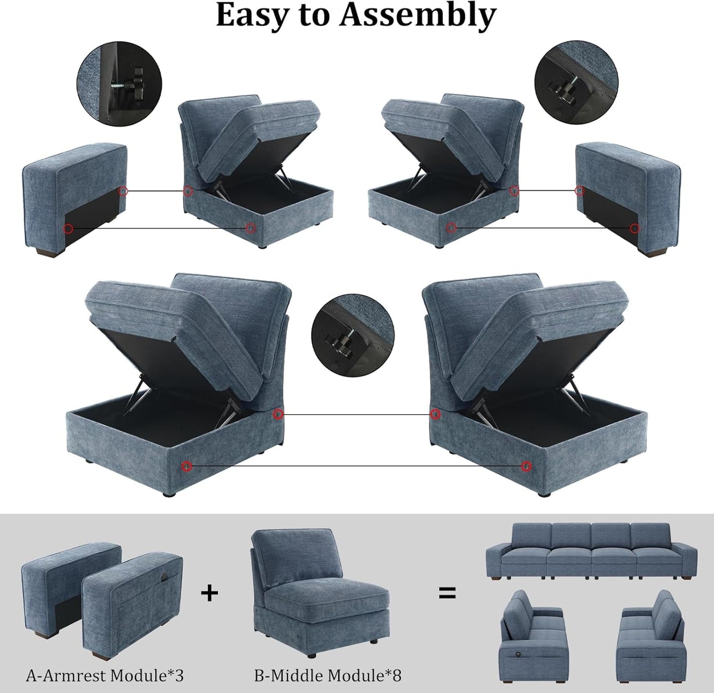 Blue U Shape Sectional Sofa for Living Room/Office 8 Seater Sofa Sets with Large Storage Space Comfy Chenille Cover (4-Seat Modular Sofa & 2×Loveseat Couch)-4