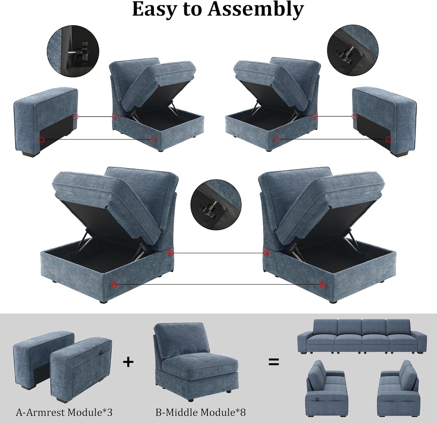 Blue U Shape Sectional Sofa for Living Room/Office 8 Seater Sofa Sets with Large Storage Space Comfy Chenille Cover (4-Seat Modular Sofa & 2×Loveseat Couch)-4