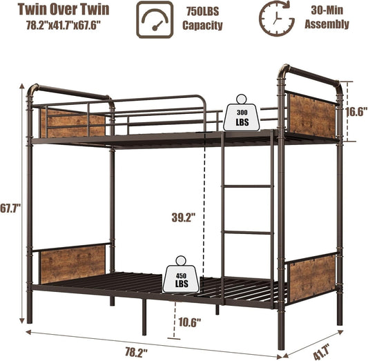 Metal Bunk Bed Twin over Twin for Kids, Heavy Duty Twin Size Convertible Bunk Bed with Guardrail & Ladders, Noise Free, No Box Spring Needed, Vintage Brown-1