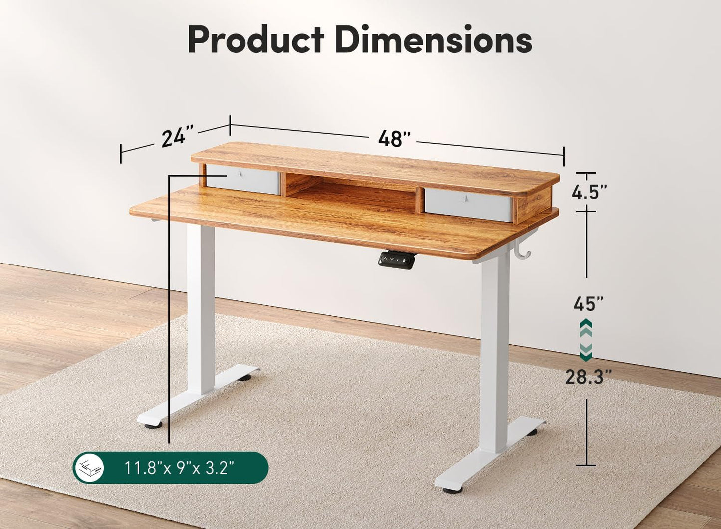 48 X 24 Inch Height Adjustable Electric Standing Desk with Double Drawer, Stand up Desk with Storage Shelf, Sit Stand Desk, Light Wood-2