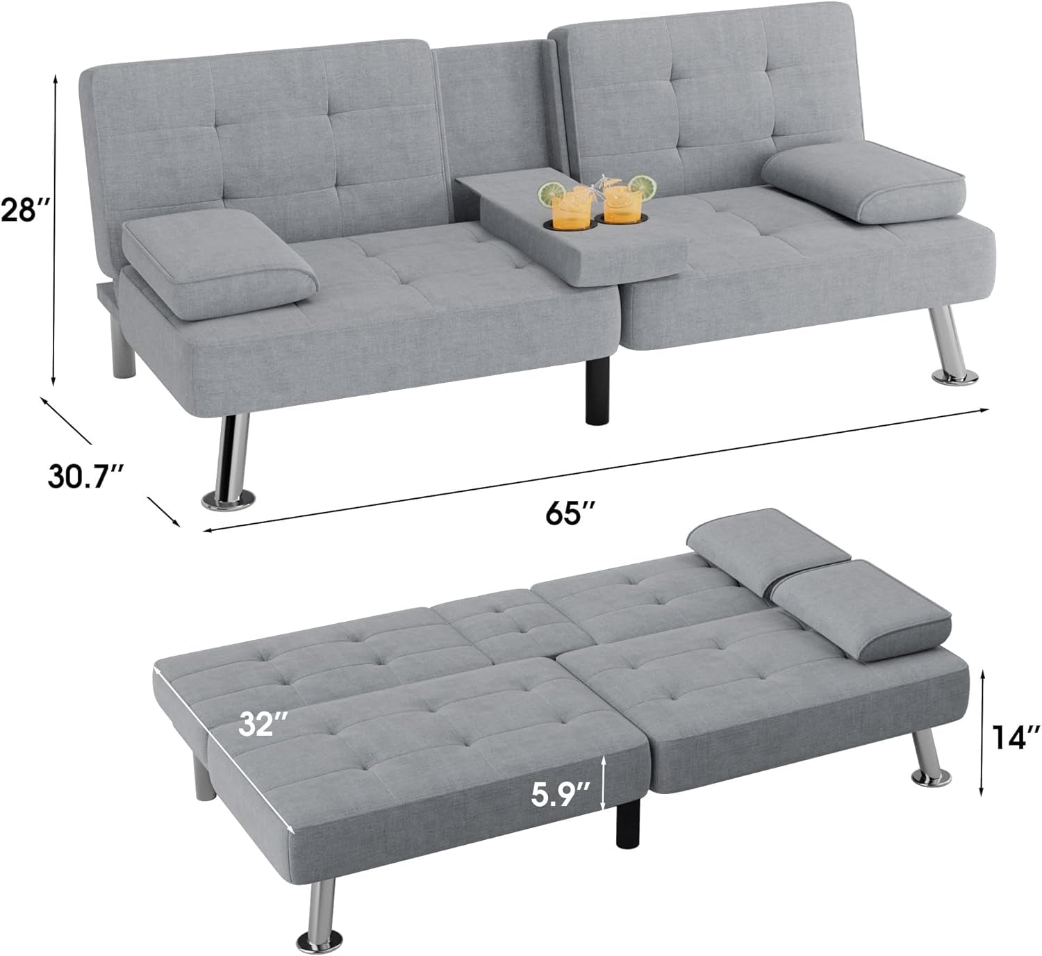 Futon Sofa Bed Modern Folding Futon Set Linen Fabric Convertible Recliner Lounge for Living Room with 2 Cup Holders, Removable Armrests (Fabric, Light Grey)-2