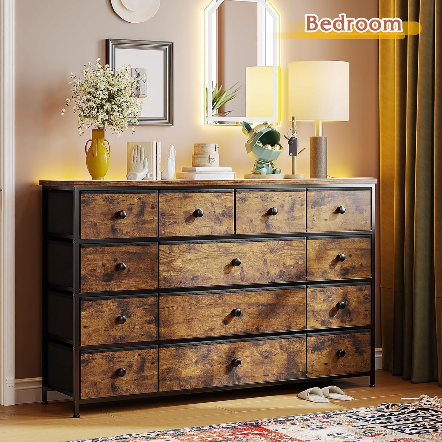 Dresser with 13 Drawers Dresser TV Stand for 55" TV Long Dresser for Bedroom, Large Dressers & Chest of Drawers for Bedroom Living Room Entry, Sturdy Metal Frame,39.4" Wx 31.5" H X 11.8" D-4