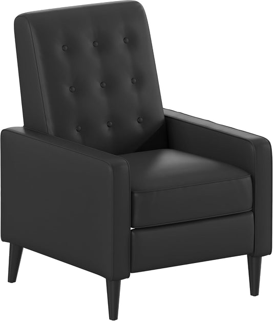 Ezra Pushback Recliner - Mid-Century Modern Black Leathersoft Upholstery - Button Tufted Back - Residential & Commercial Use-0