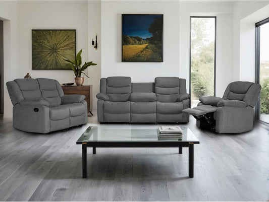 Recliner Sofa Set, Microfiber Manual Reclining Couch Set, 3 Piece Recliner Set with Loveseat, Dropdown Table& Cup Holders, Living Room/Office/Theater Seating (Gray)-0