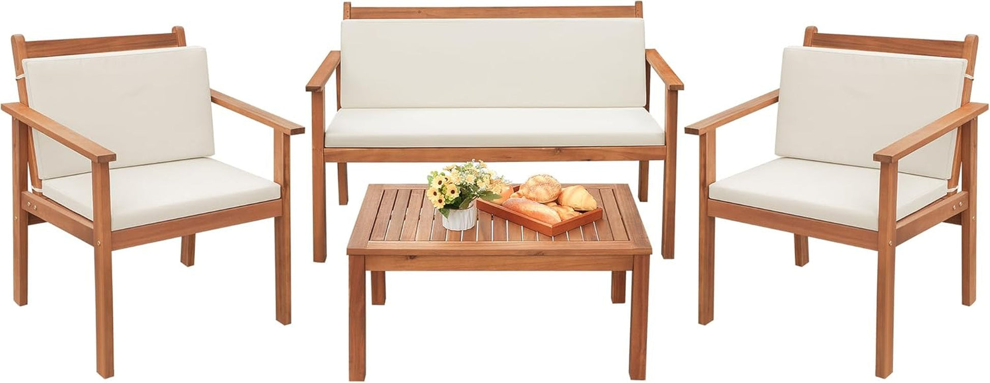 4 Piece Patio Bistro Set Patio Furniture Outdoor Chat Table Chair Set with Water Resistant Cushions and Coffee Table for Beach Backyard Garden,Acacia Wood-0