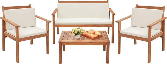 4 Piece Patio Bistro Set Patio Furniture Outdoor Chat Table Chair Set with Water Resistant Cushions and Coffee Table for Beach Backyard Garden,Acacia Wood-0