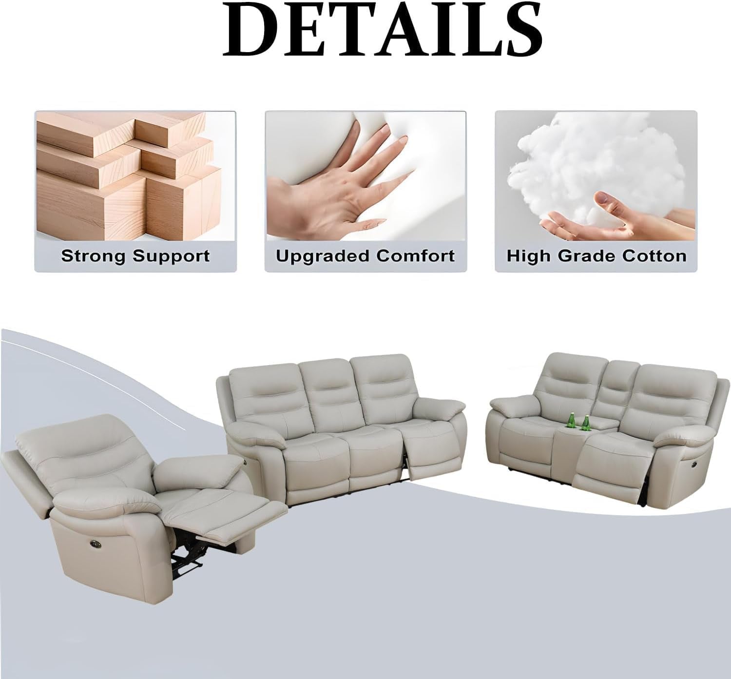 Genuine Leather Recliner Couch Set, Power Reclining Sofa Set 3 Pieces Top Grain Leather Sofa with Built in USB Port for Living Room(Light Grey) (Sofa+Loveseat+Chair)-3