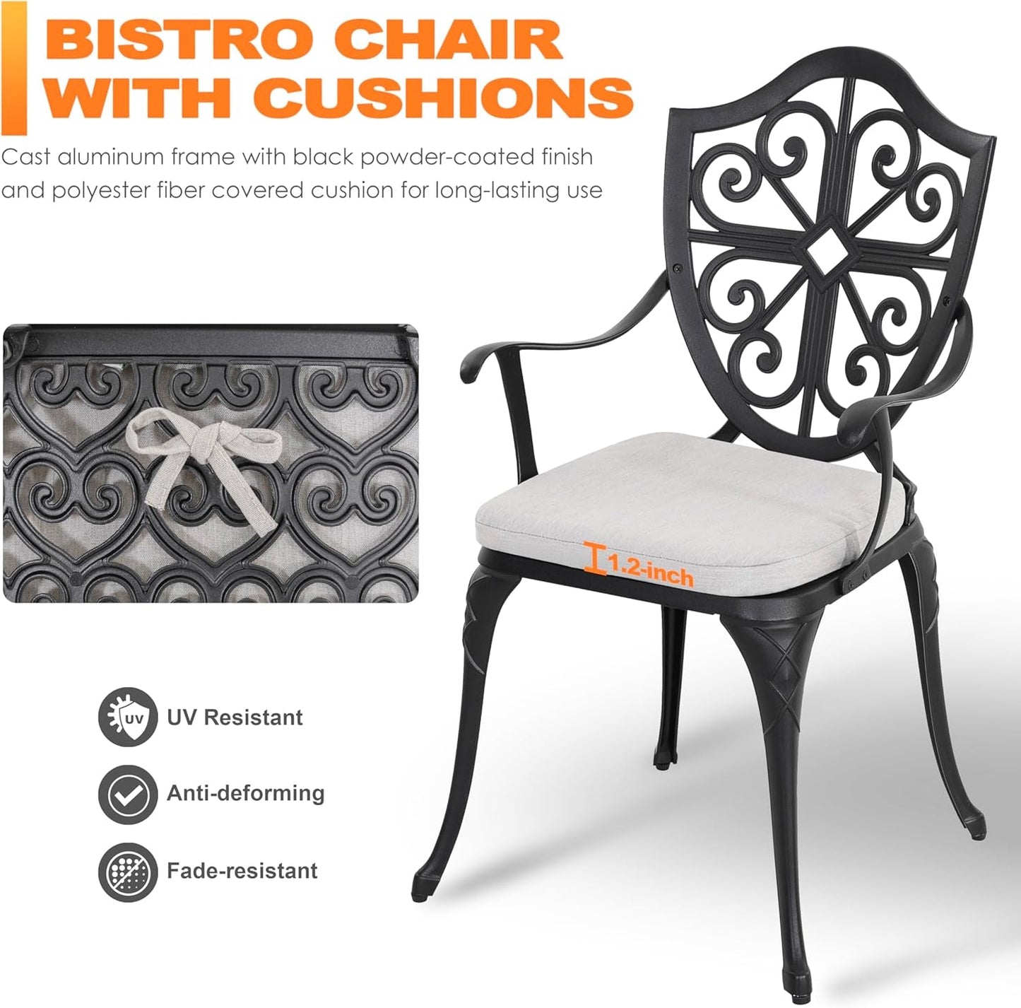 Bistro Set 3 Piece Outdoor, Cast Aluminum Patio Bistro Sets with Umbrella Hole and Grey Cushions, Bistro Table and Chairs Set of 3 for Patio Backyard, Black-4