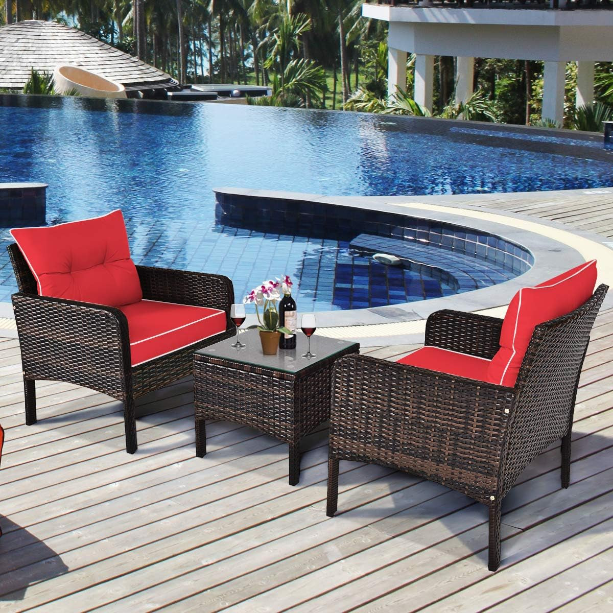 3 Piece Outdoor Patio Furniture Set, Wicker Chairs Set with Glass Top Coffee Table, Thick Cushions, All Weather Garden Lawn Poolside Backyard Porch Furniture Set for 2 (Red)-3
