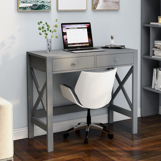 Home Office Desk Writing Computer Table Modern Design Desk with Drawers (Grey)-1