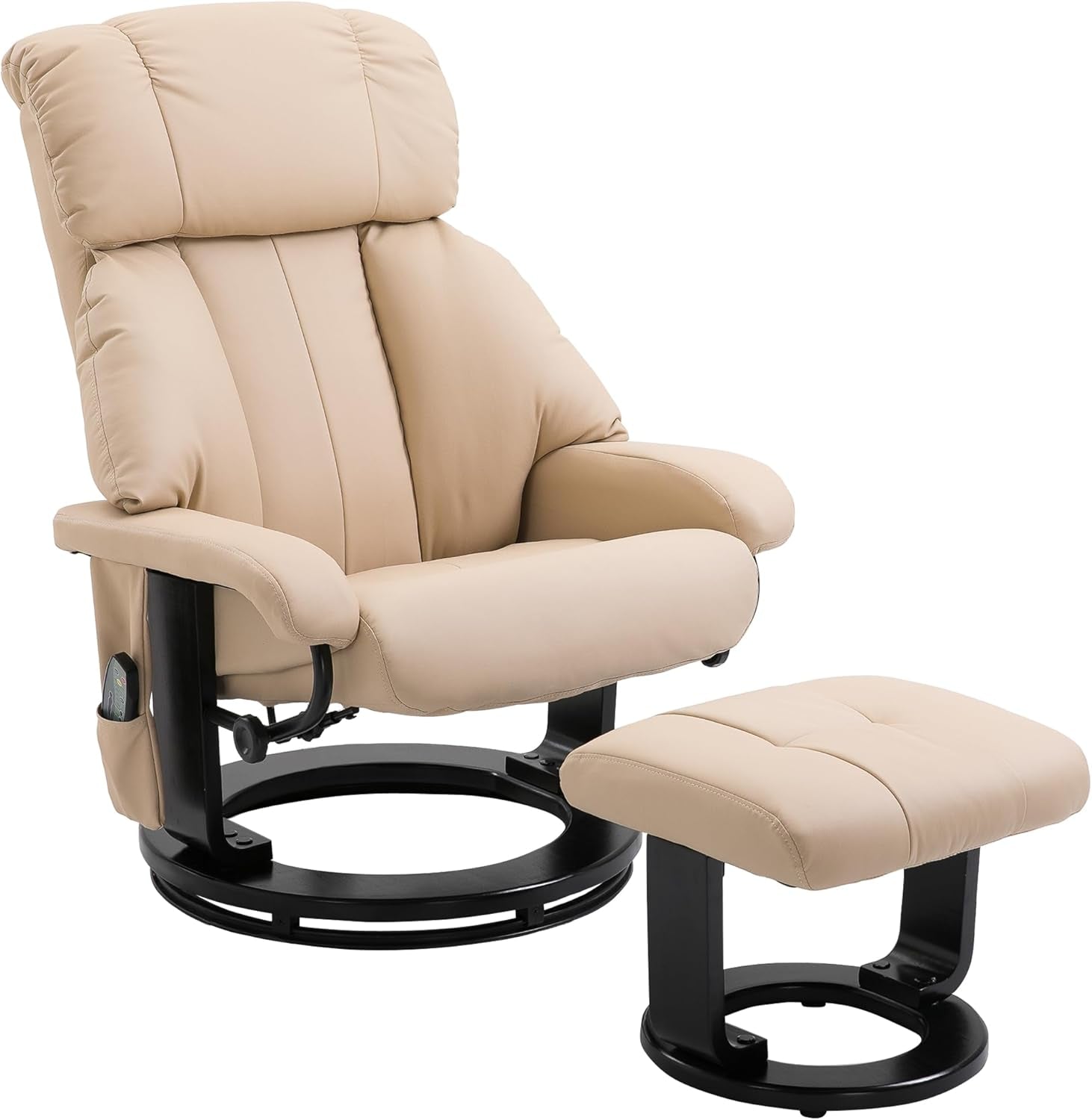 Massage Recliner Chair with Ottoman, 360° Swivel Recliner and Footstool, 10 Point Vibration, PU Leather Reclining Chair with Side Pocket and Remote Control, Beige-0