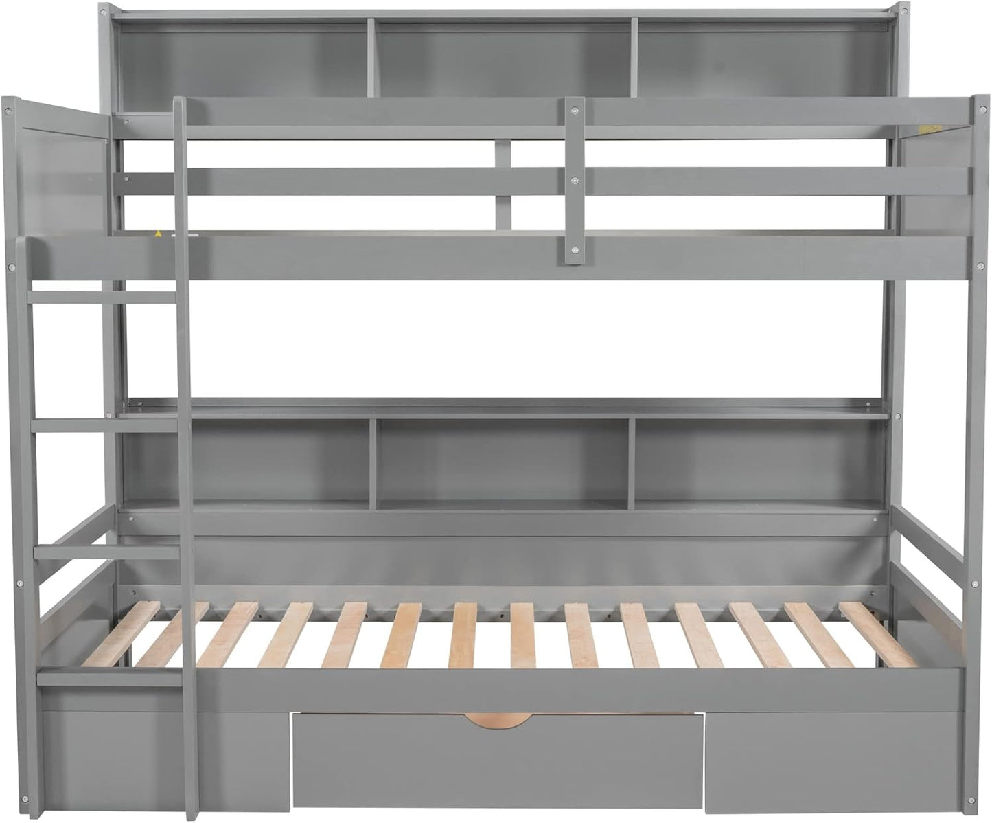 Twin over Twin Bunk Bed with Storage Drawer, Solid Wood Bunk Bed with Built-In Shelves beside Both Upper and down Bed, for Kids Teens Adults (Gray)-4