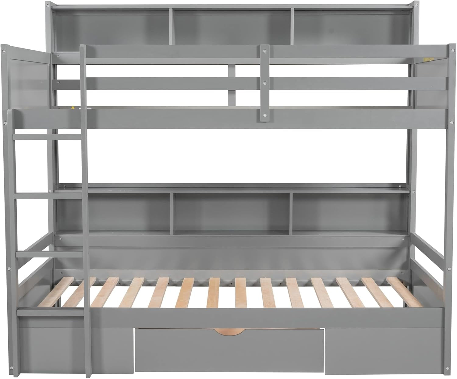 Bunk Bed Twin over Twin with Storage,Wood Twin Bunk Beds with Built-In Shelves beside Both Upper & down Bed,Multi Storage Bunk Beds with Drawer for Kids Girls Boys, Grey-4
