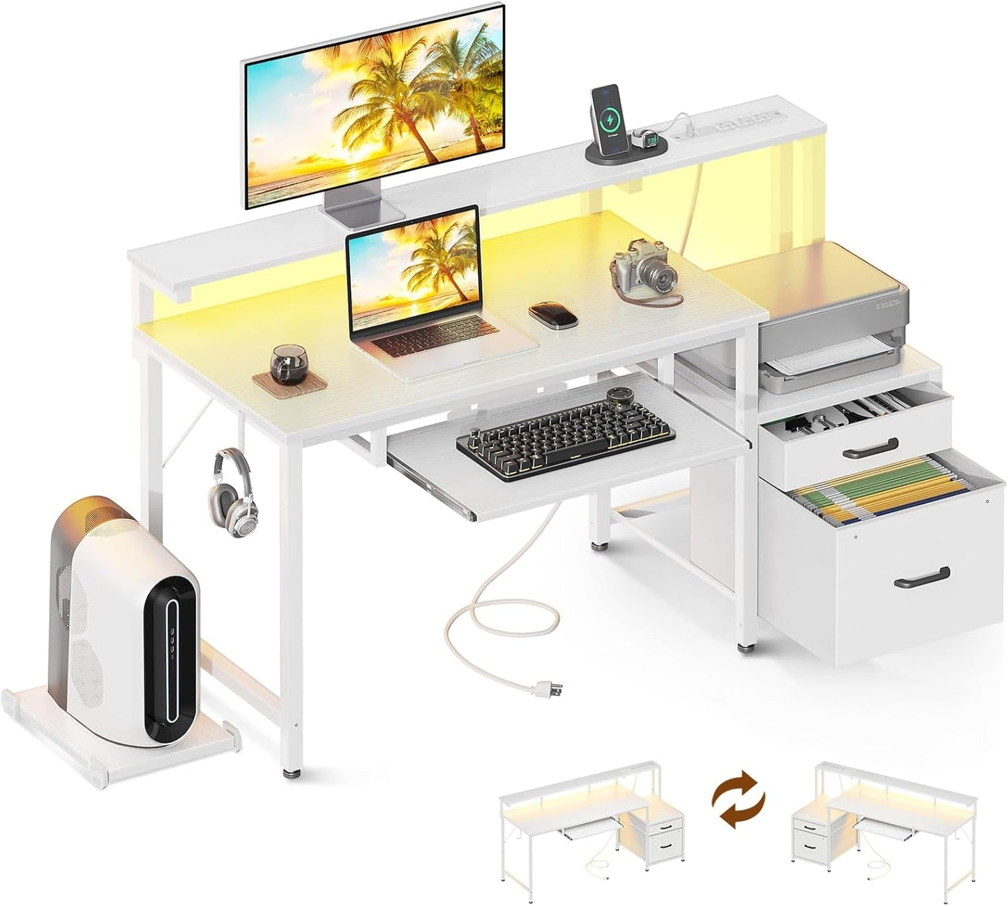 48" Computer Desk with Fabric File Cabinet and Drawer, Reversible Office Desk with Power Outlet and LED Light, Study Desk with Printer Stand, Keyboard Tray, Full Monitor Riser and PC Stand, White-0
