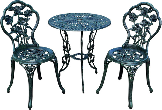 Cast Aluminum Conversation Set Metal Antique Green 3 Piece Patio Rose Bistro Set-0
