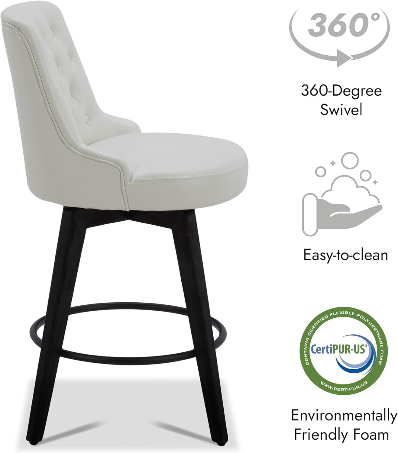 Counter Height Bar Stools, Faux Leather Upholstered Modern Swivel Barstool with Back, Solid Wood Legs, 26" H Seat, White-3