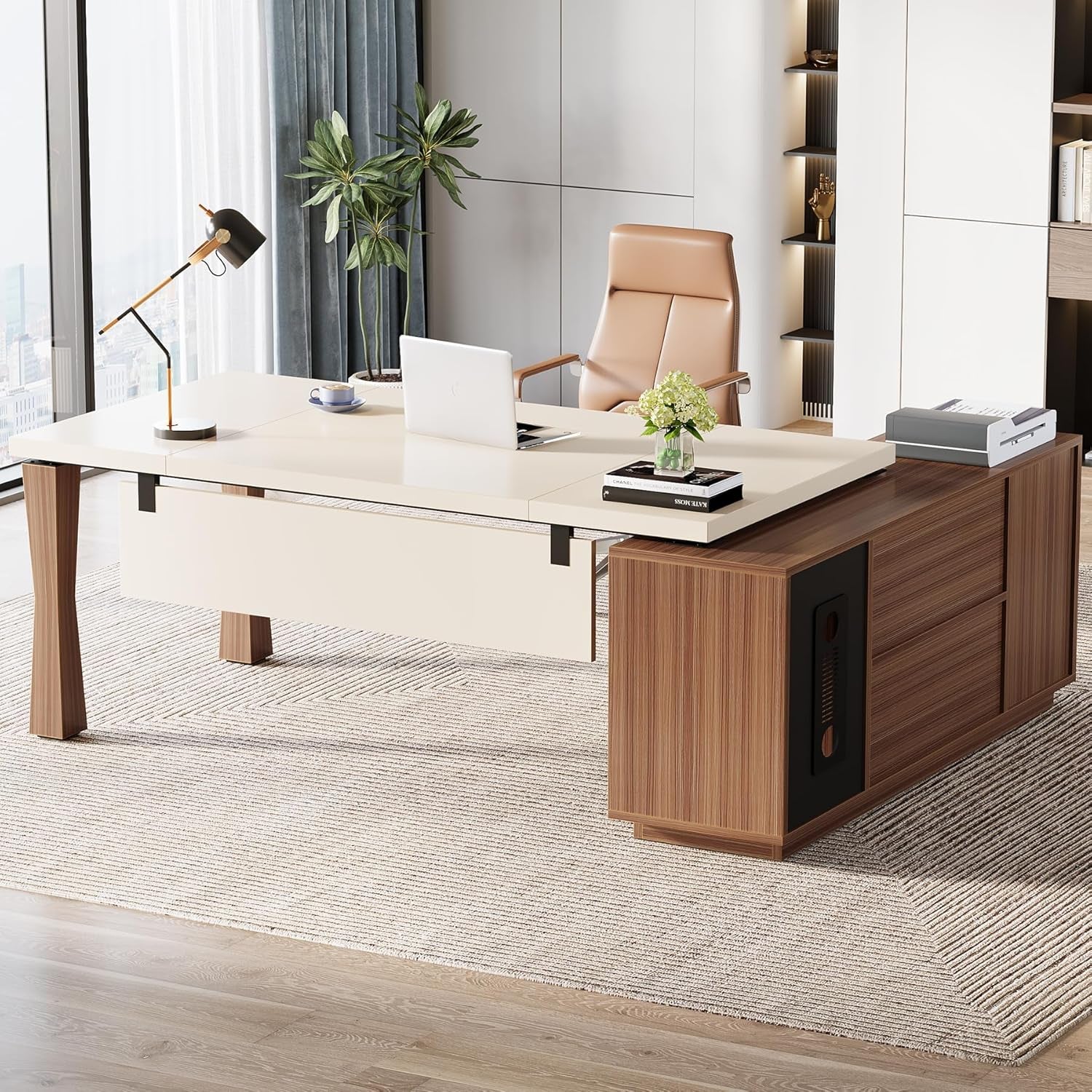 78.7-Inch Executive Desk, L-Shaped Desk with Cabinet, Large Office Desk with Storage Shelves, Writing Table Desk Business Furniture Set for Home Office, Cream White Walnut-0