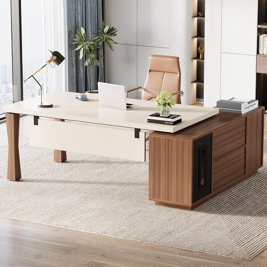 78.7-Inch Executive Desk, L-Shaped Desk with Cabinet, Large Office Desk with Storage Shelves, Writing Table Desk Business Furniture Set for Home Office, Cream White Walnut-0