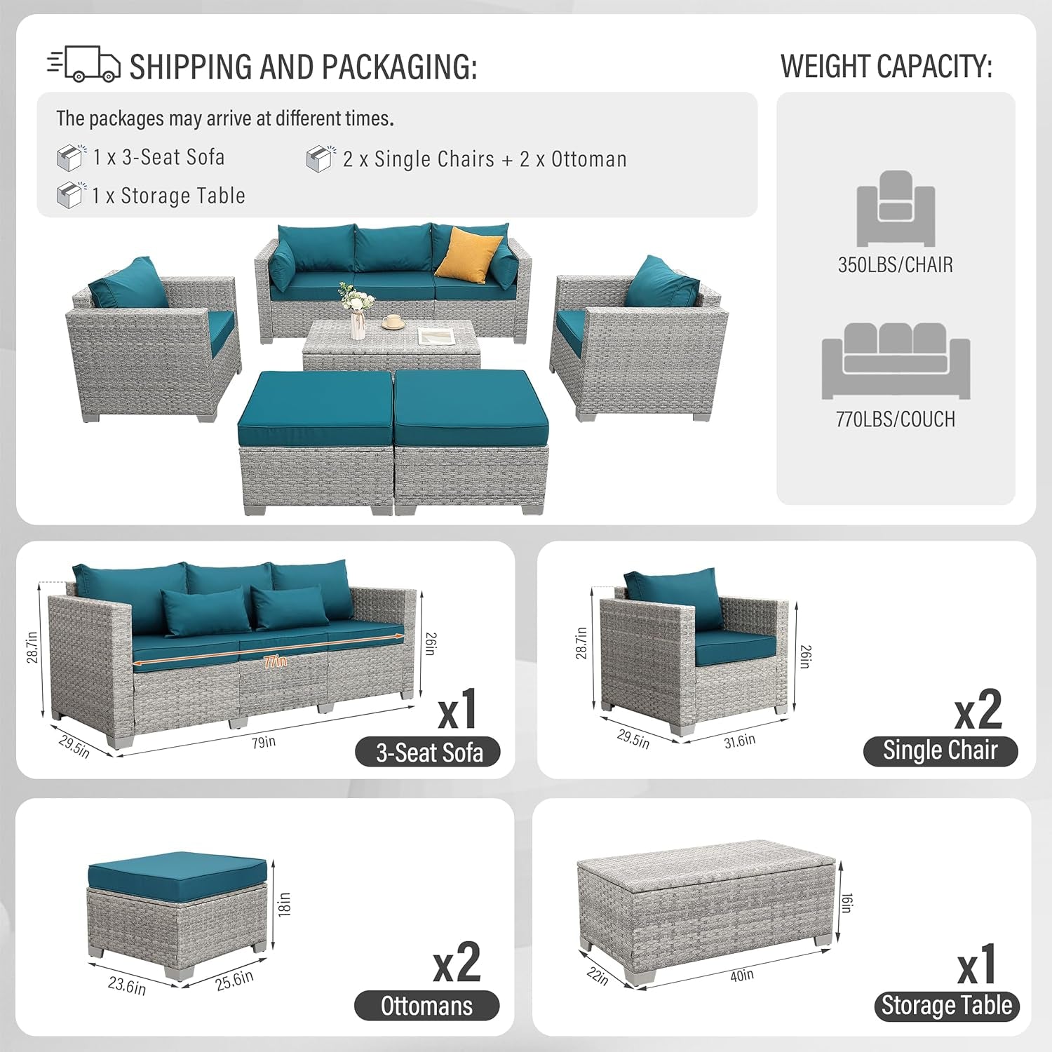Patio Furniture Set 6 Piece Outdoor Patio Set Grey Wicker Balcony Furniture Conversation Sets PE Rattan Couch Sofa with Coffee Table, Peacock Blue Cushion-3