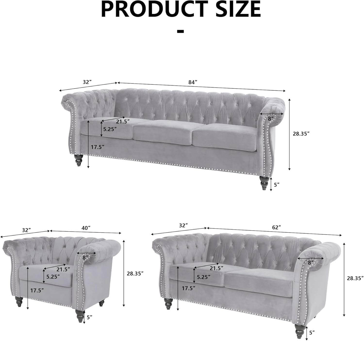 3 Pieces of Living Room Furniture Sofa Sets, Modern Velvet Chesterfield Sofa&Chesterfield Club Chair&Chesterfield Loveseat Sofas Set with Nailhead Trim Scroll Arms for Living Room(Grey)-1