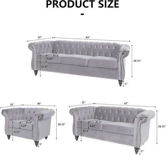 3 Pieces of Living Room Furniture Sofa Sets, Modern Velvet Chesterfield Sofa&Chesterfield Club Chair&Chesterfield Loveseat Sofas Set with Nailhead Trim Scroll Arms for Living Room(Grey)-1