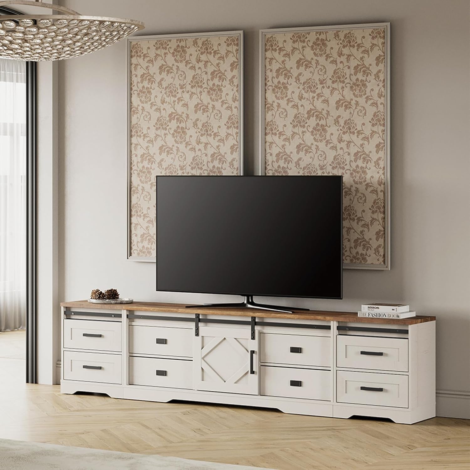 Farmhouse TV Stand with Charging Station and USB Ports for Tvs up to 110" Tvs,3 in 1 Wood Entertainment Center with 10 Drawers and Adjustable Shelves for Living Room,Antique White-0